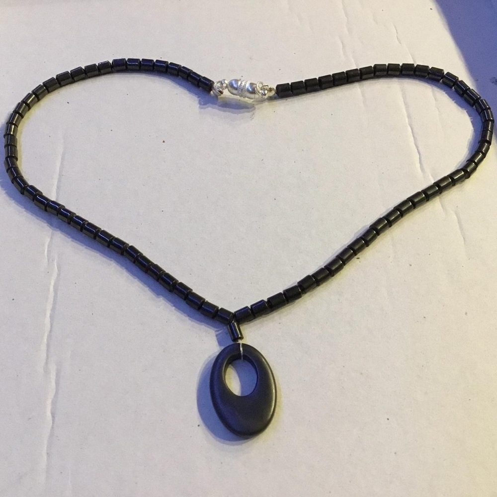 Elegant Black Hematite Necklace Magnetic Closure with Oval Pendant
